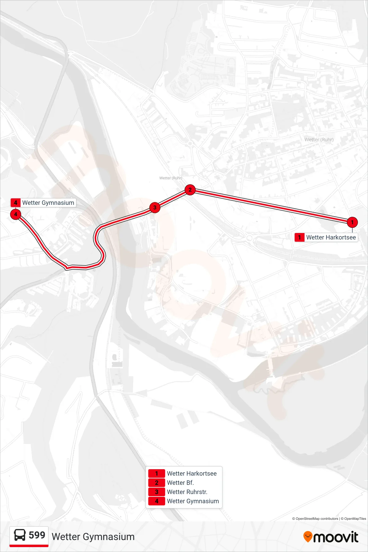 599 bus Line (Wetter Gymnasium) route and stops on a map