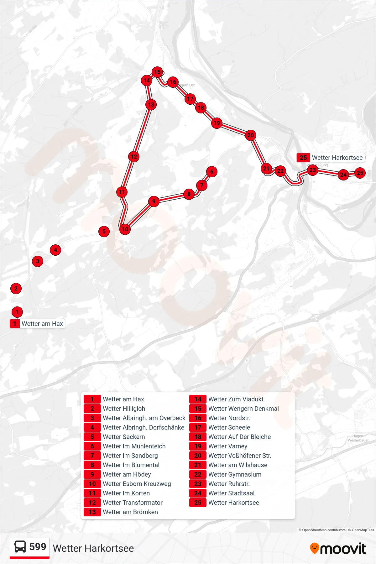 Linie 599 (Bus) Richtung Wetter Harkortsee: Route und Haltestellen auf der Karte
