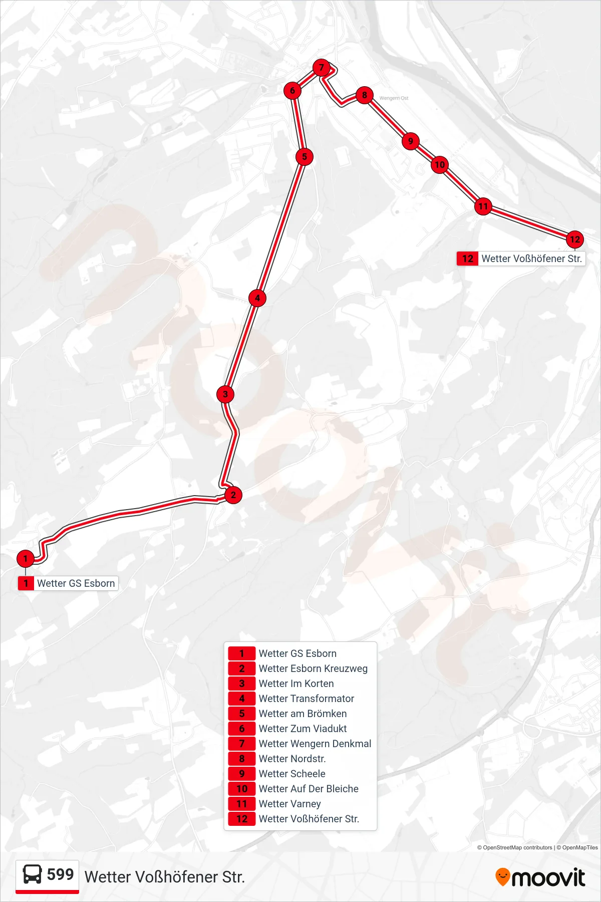 Linie 599 (Bus) Richtung Wetter Voßhöfener Str.: Route und Haltestellen auf der Karte