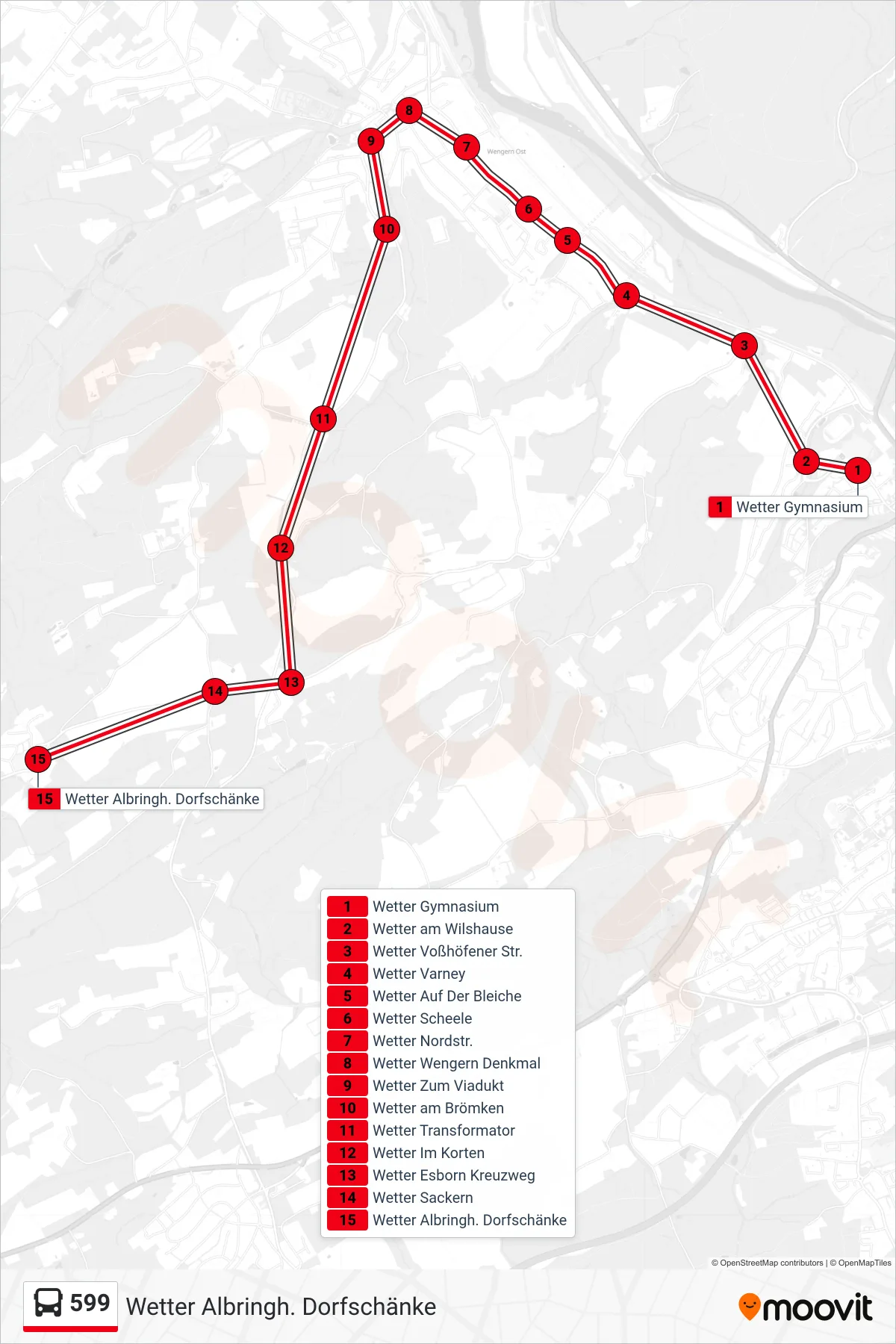 Linie 599 (Bus) Richtung Wetter Albringh. Dorfschänke: Route und Haltestellen auf der Karte