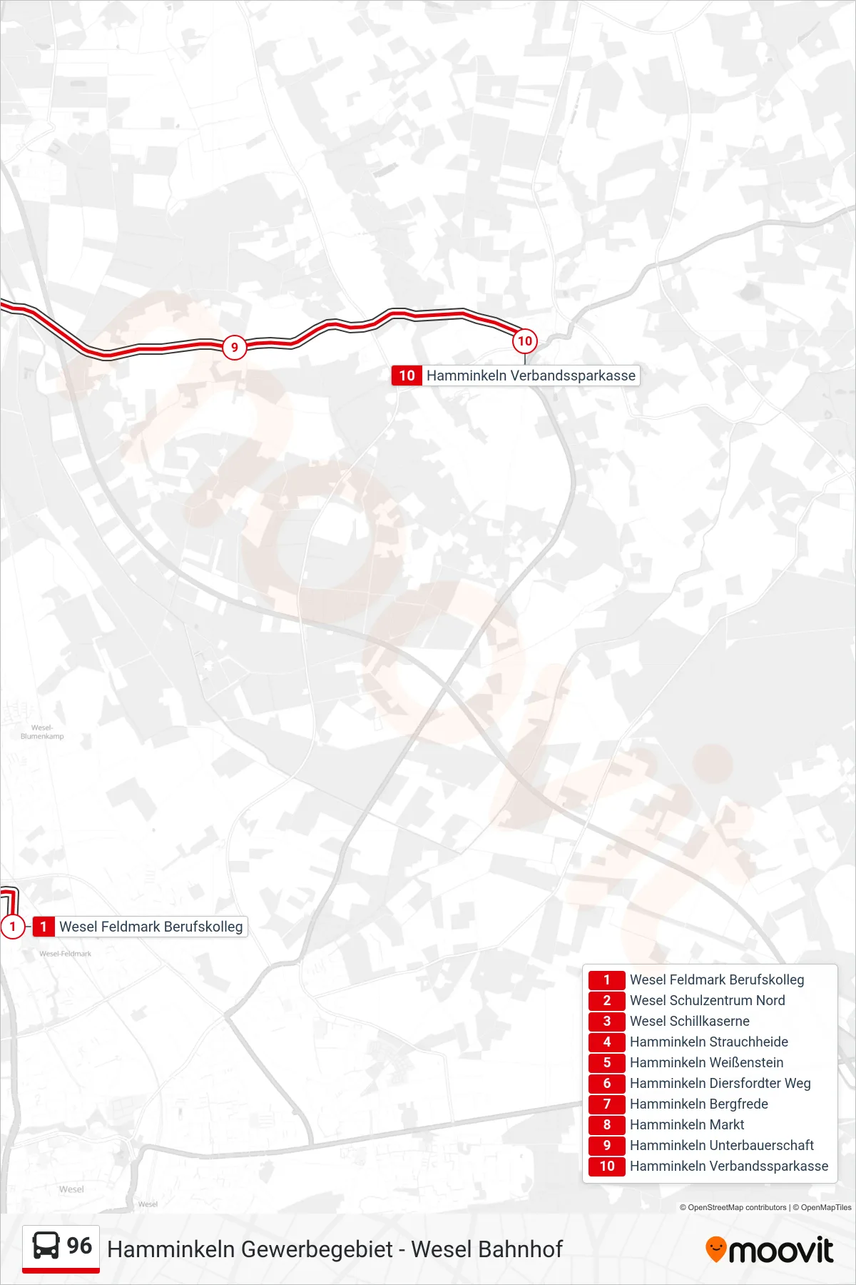 Linie 96 (Bus) Richtung Hamminkeln Verbandssparkasse: Route und Haltestellen auf der Karte
