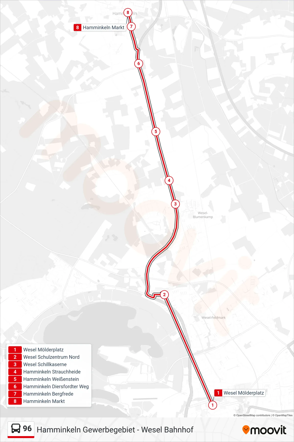 Linie 96 (Bus) Richtung Hamminkeln Markt: Route und Haltestellen auf der Karte