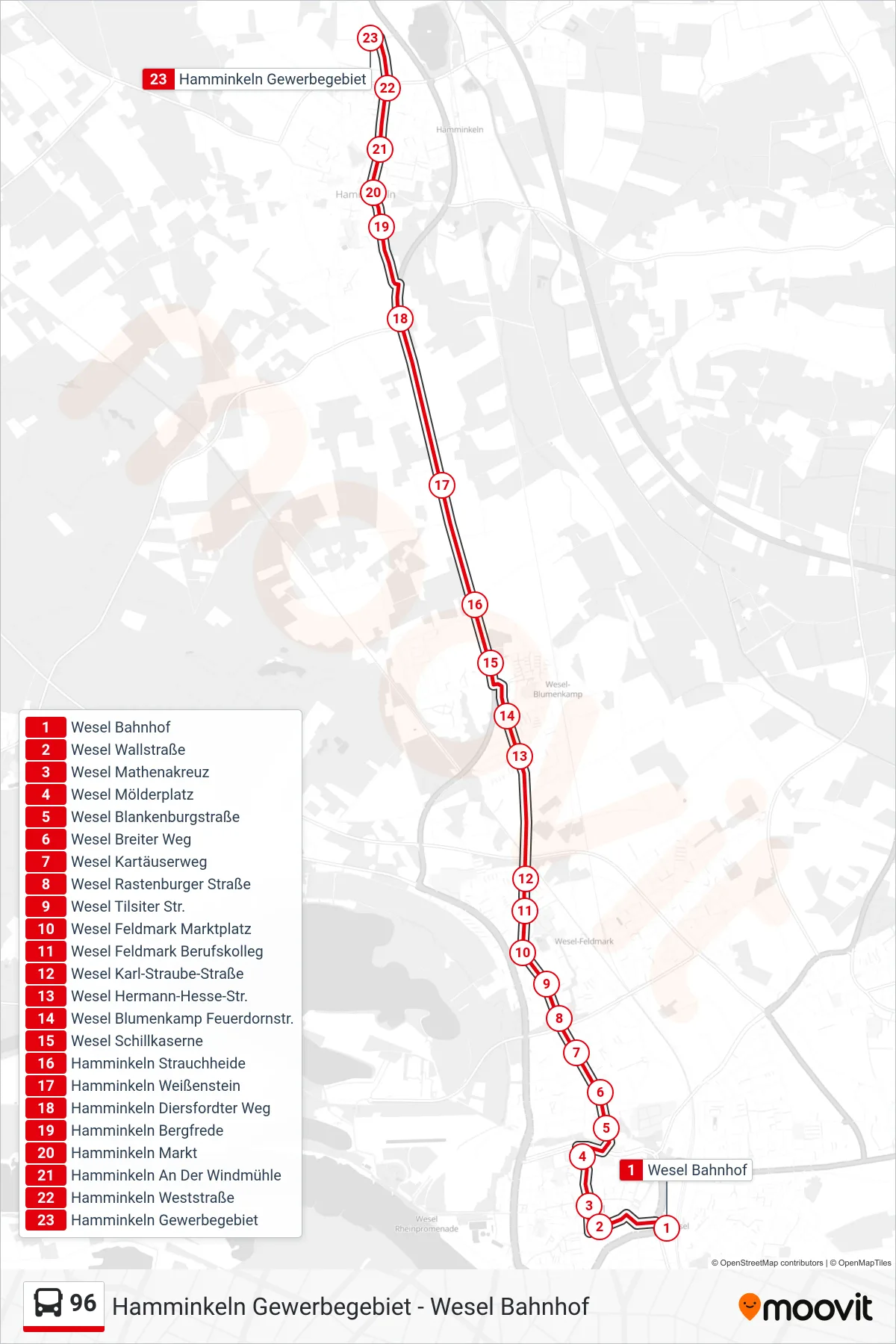 Linie 96 (Bus) Richtung Hamminkeln Gewerbegebiet: Route und Haltestellen auf der Karte