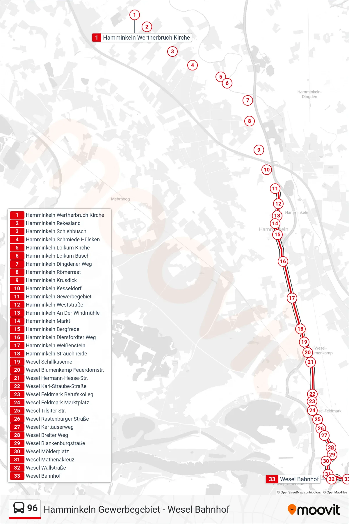 96 bus Line (Wesel Bahnhof) route and stops on a map