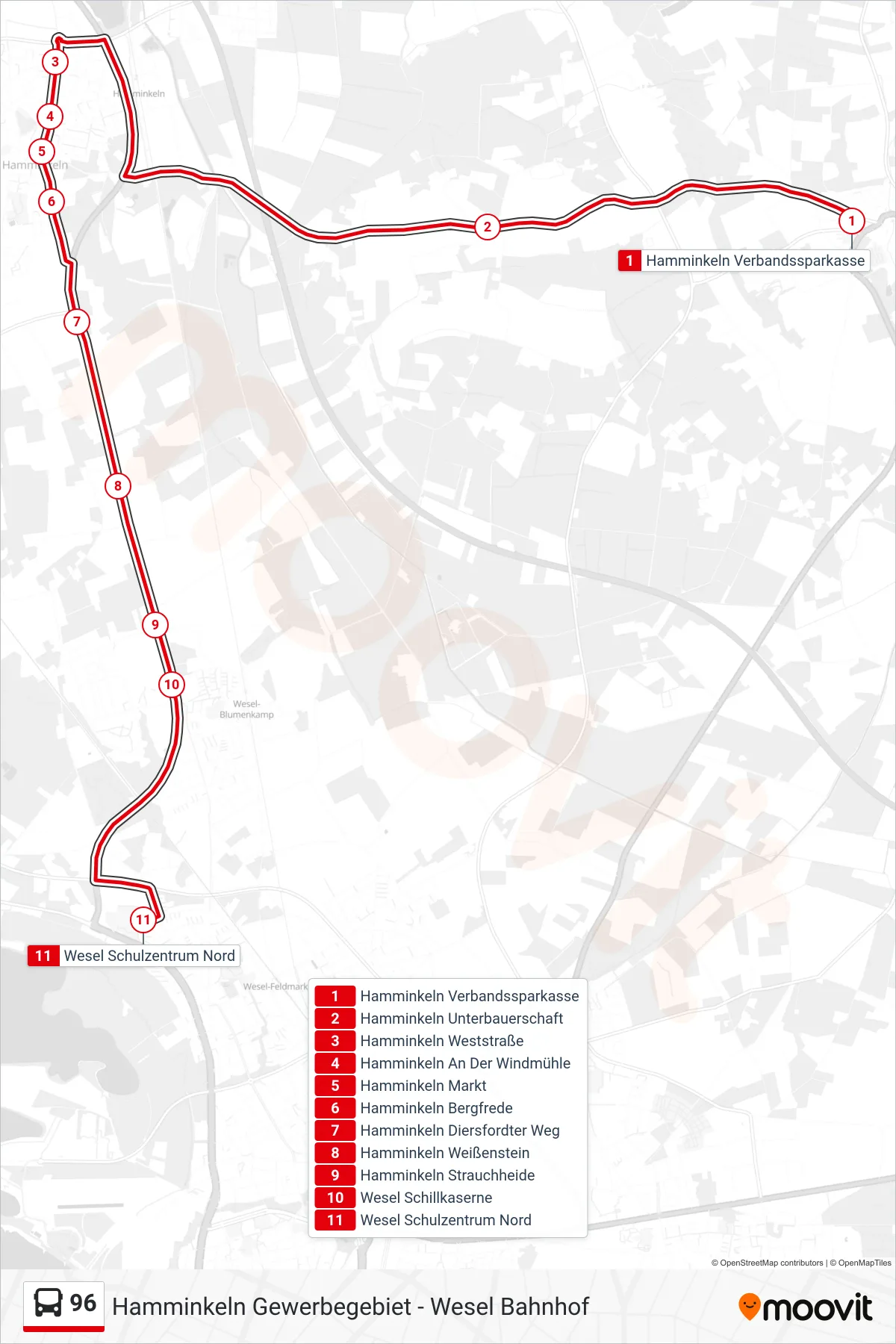 96 bus Line (Wesel Schulzentrum Nord) route and stops on a map