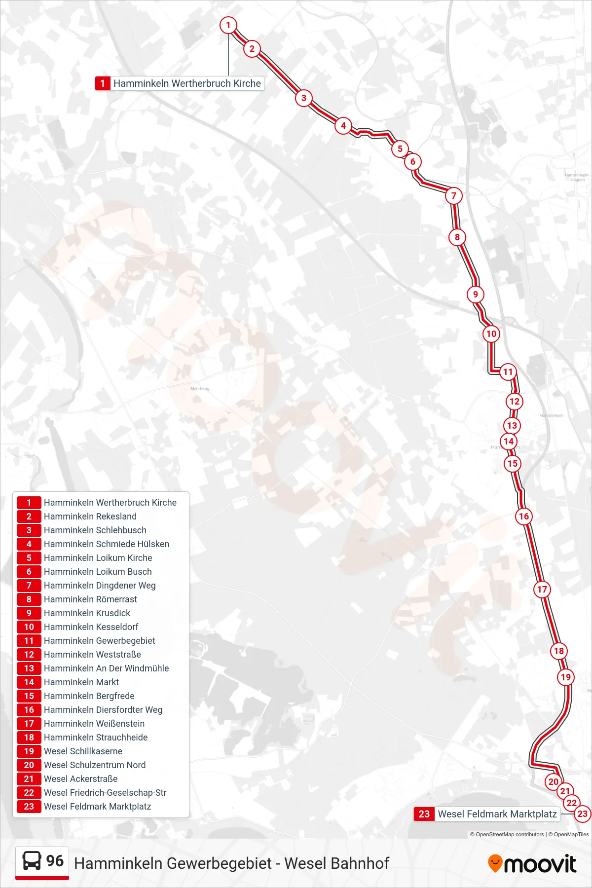 Linie 96 (Bus) Richtung Wesel Feldmark Marktplatz: Route und Haltestellen auf der Karte