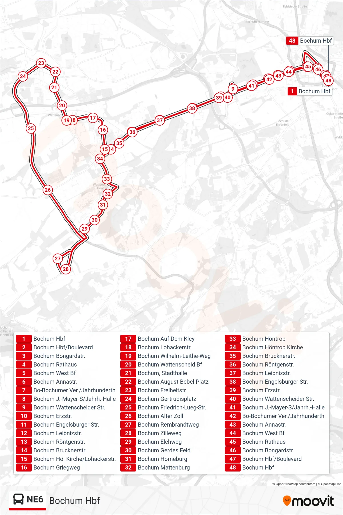 Linie NE6 (Bus) Richtung Bochum Hbf: Route und Haltestellen auf der Karte