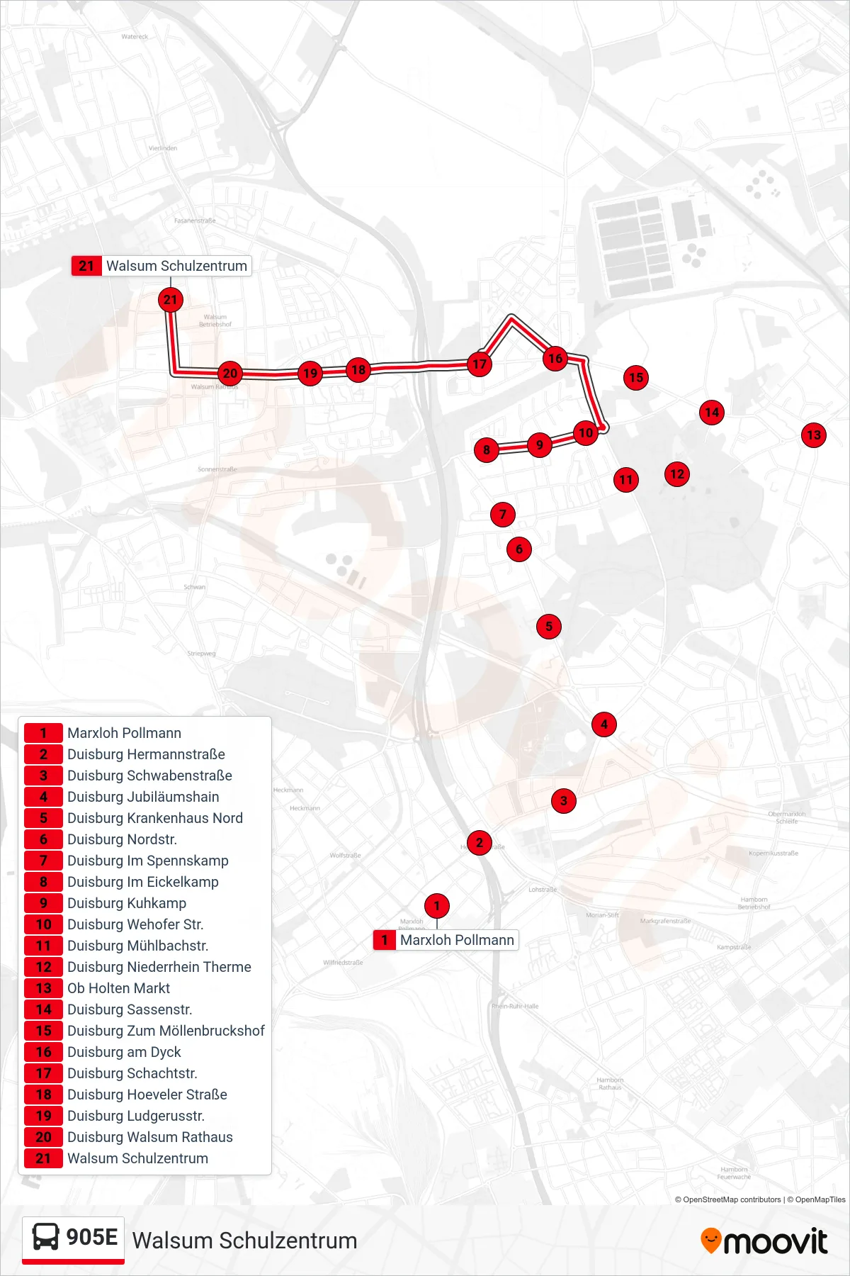 Linie 905E (Bus) Richtung Walsum Schulzentrum: Route und Haltestellen auf der Karte