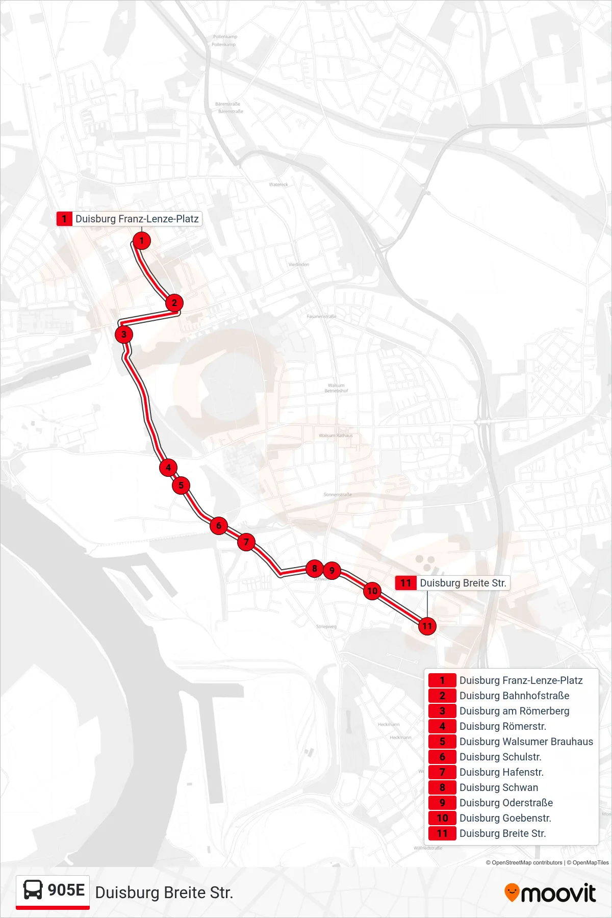 Linie 905E (Bus) Richtung Duisburg Breite Str.: Route und Haltestellen auf der Karte