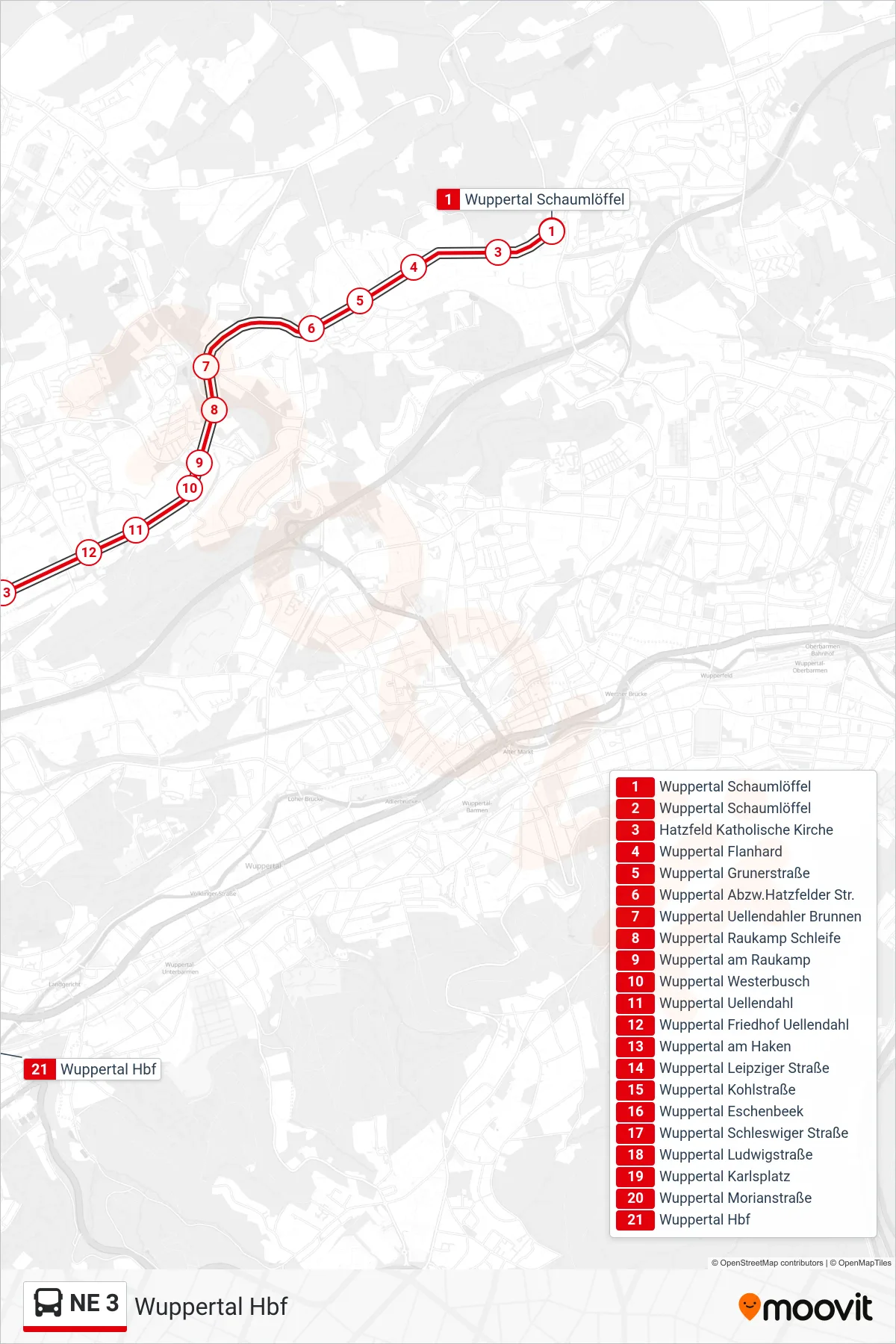 Linie NE 3 (Bus) Richtung Wuppertal Hbf: Route und Haltestellen auf der Karte