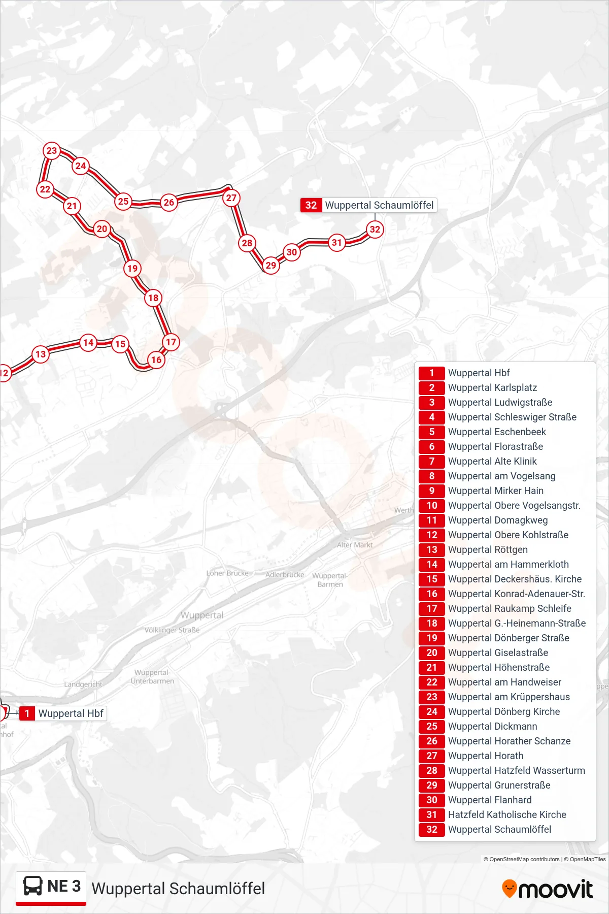 Linie NE 3 (Bus) Richtung Wuppertal Schaumlöffel: Route und Haltestellen auf der Karte