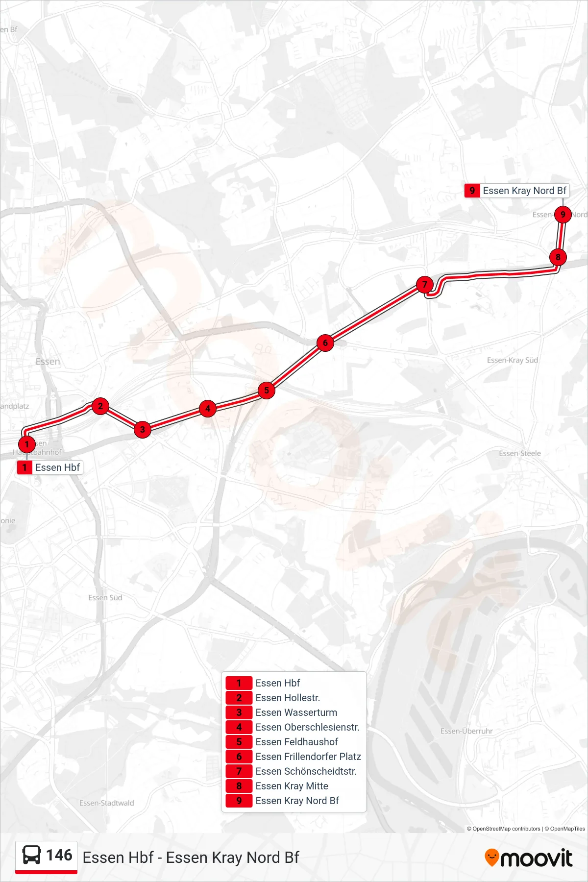 146 bus Line (Essen Kray Nord Bf) route and stops on a map