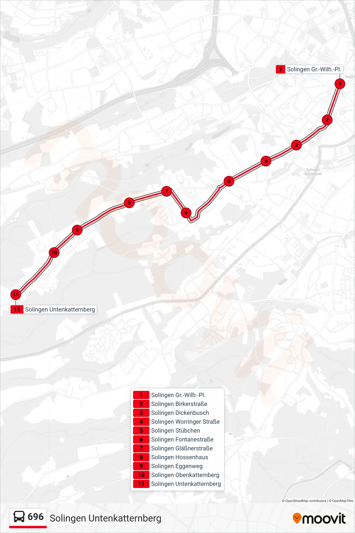 696 bus Line (Solingen Untenkatternberg) route and stops on a map