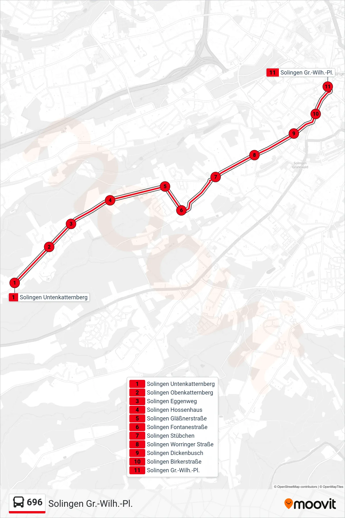Linie 696 (Bus) Richtung Solingen Gr.-Wilh.-Pl.: Route und Haltestellen auf der Karte