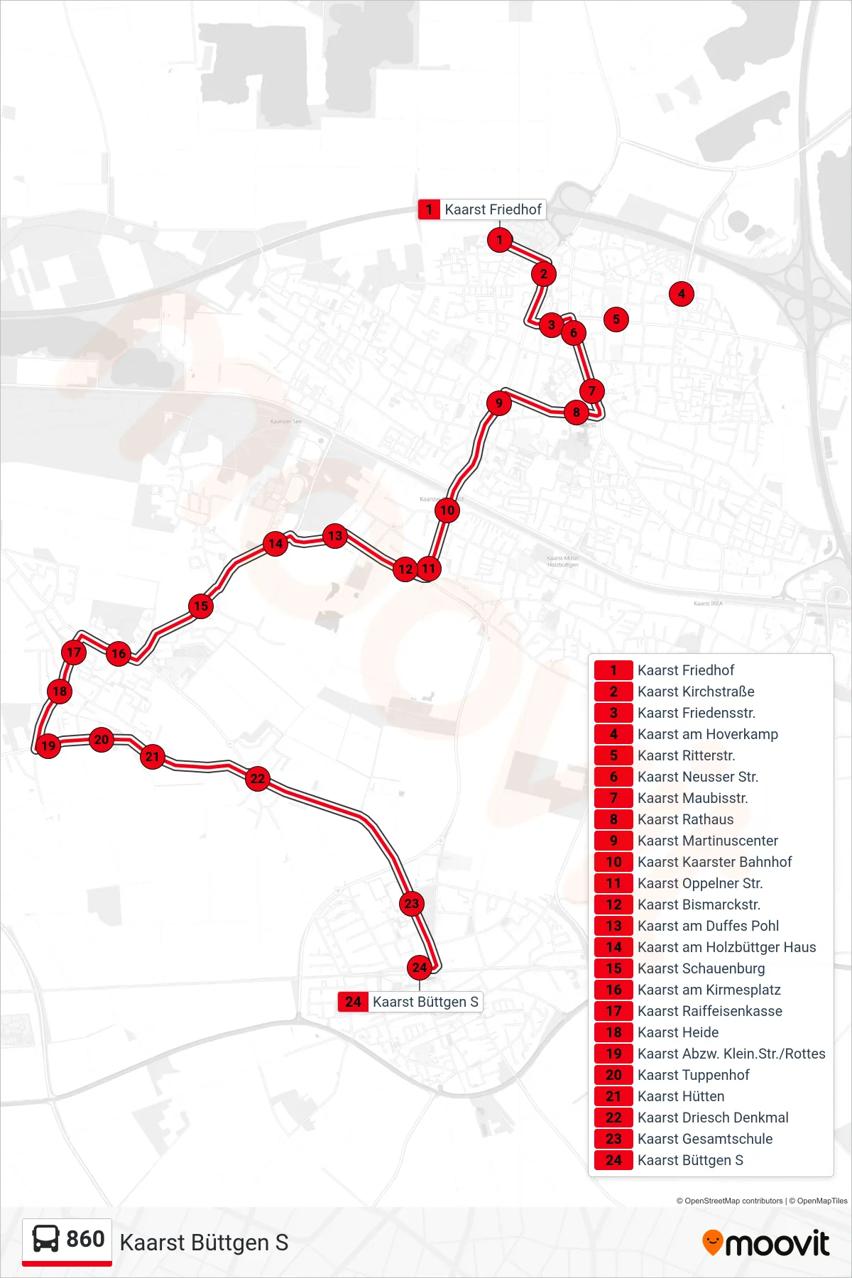 Linie 860 (Bus) Richtung Kaarst Büttgen S: Route und Haltestellen auf der Karte