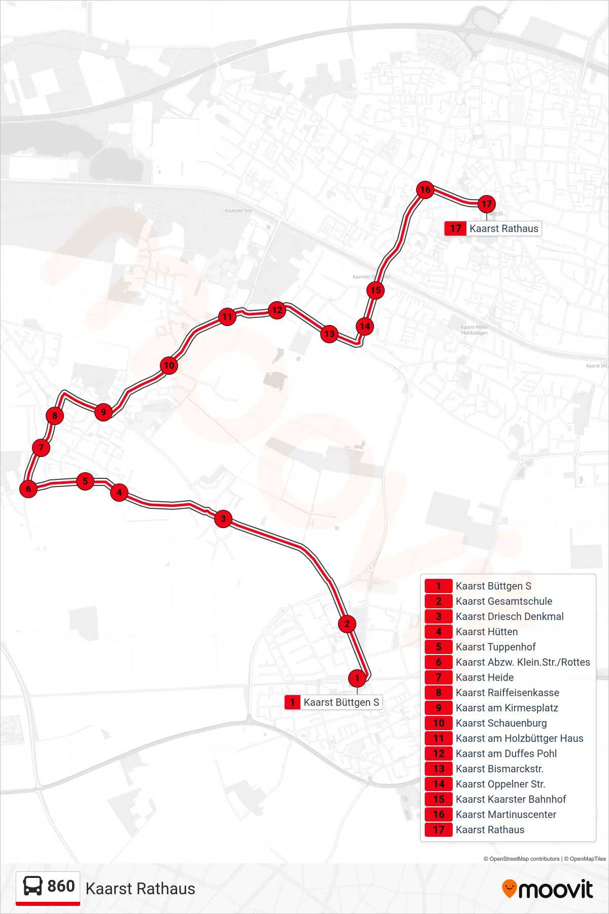 Linie 860 (Bus) Richtung Kaarst Rathaus: Route und Haltestellen auf der Karte