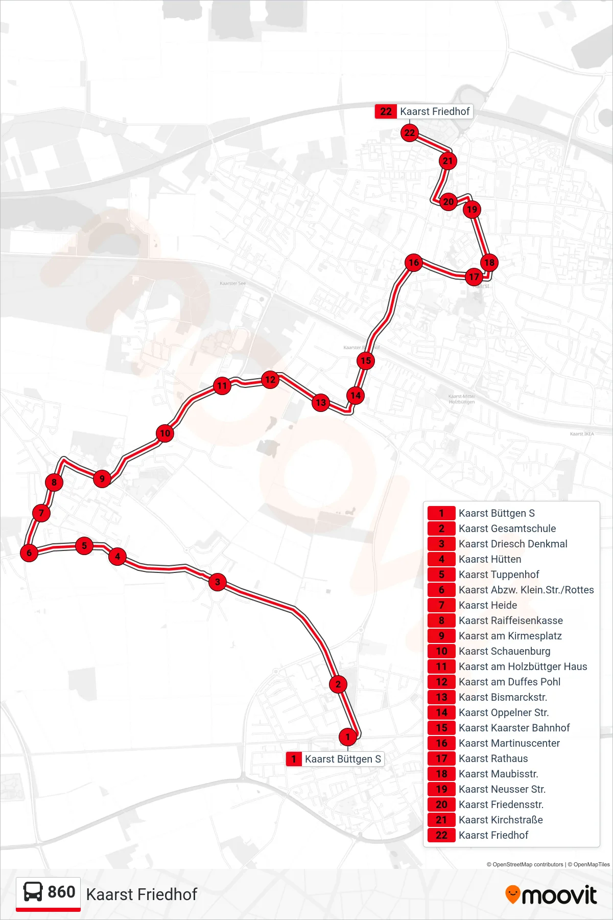 Linie 860 (Bus) Richtung Kaarst Friedhof: Route und Haltestellen auf der Karte