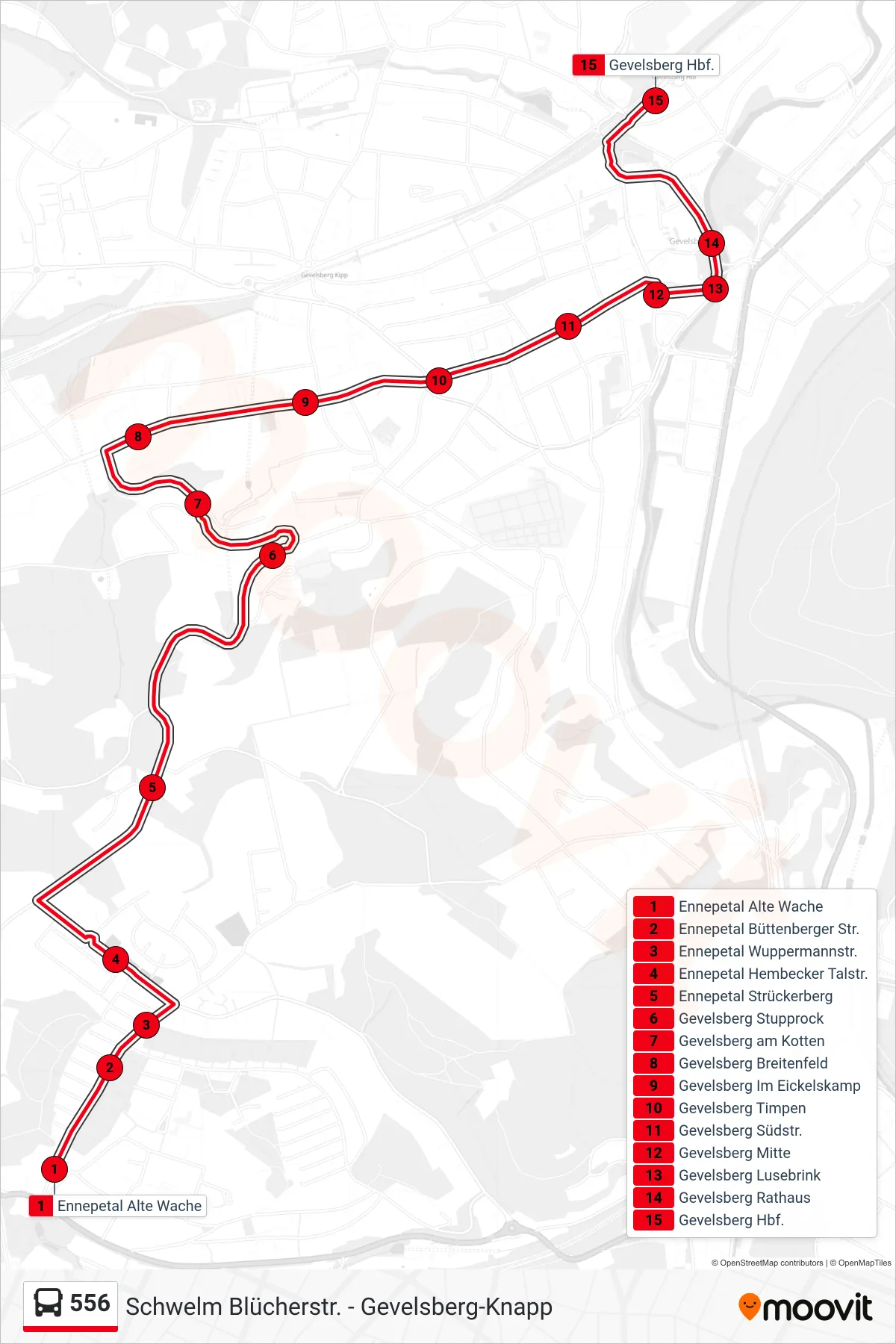 556 bus Line (Gevelsberg Hbf.) route and stops on a map