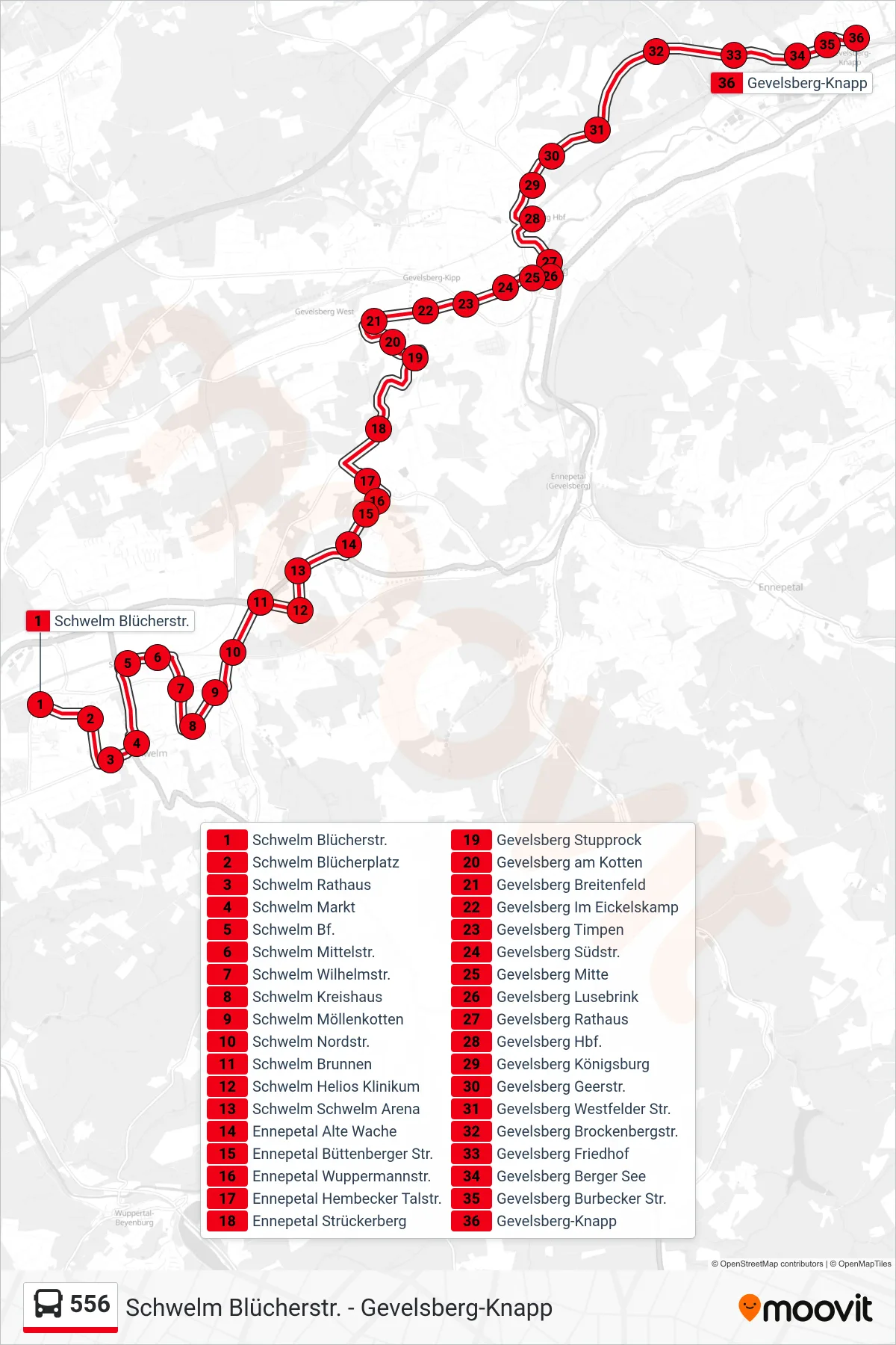 556 bus Line (Gevelsberg-Knapp) route and stops on a map