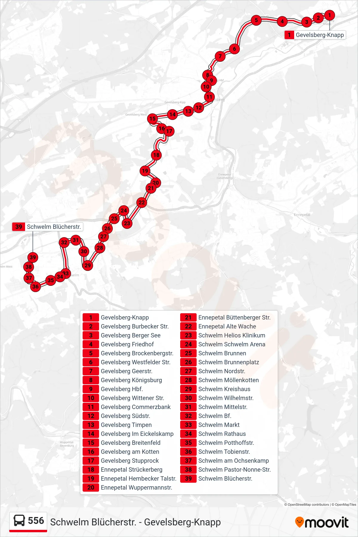 Linie 556 (Bus) Richtung Schwelm Blücherstr.: Route und Haltestellen auf der Karte
