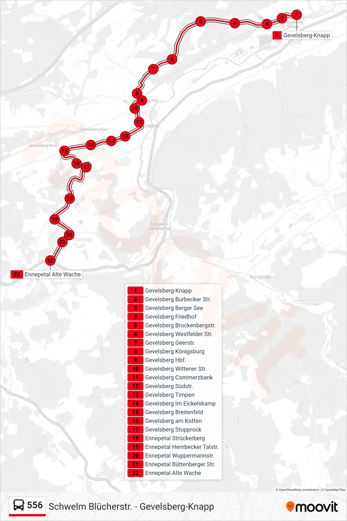 556 bus Line (Ennepetal Alte Wache) route and stops on a map