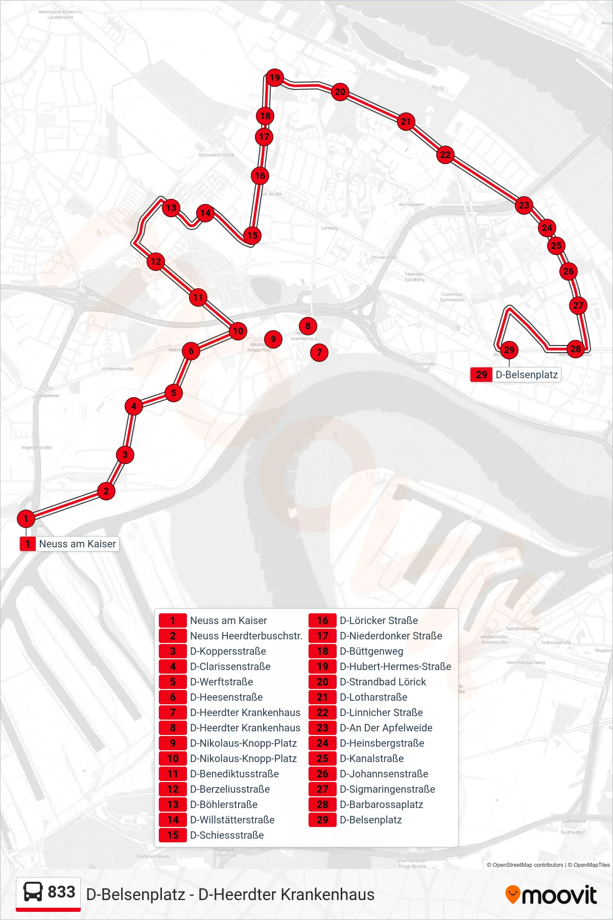 Linie 833 (Bus) Richtung D-Belsenplatz: Route und Haltestellen auf der Karte