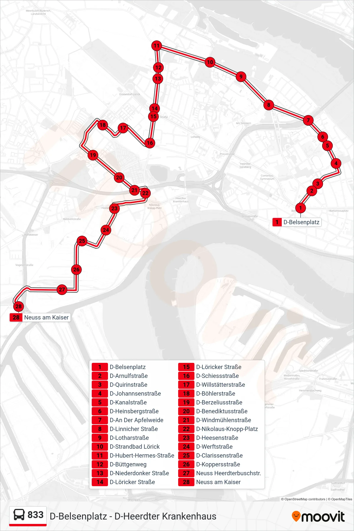 Linie 833 (Bus) Richtung Neuss am Kaiser: Route und Haltestellen auf der Karte