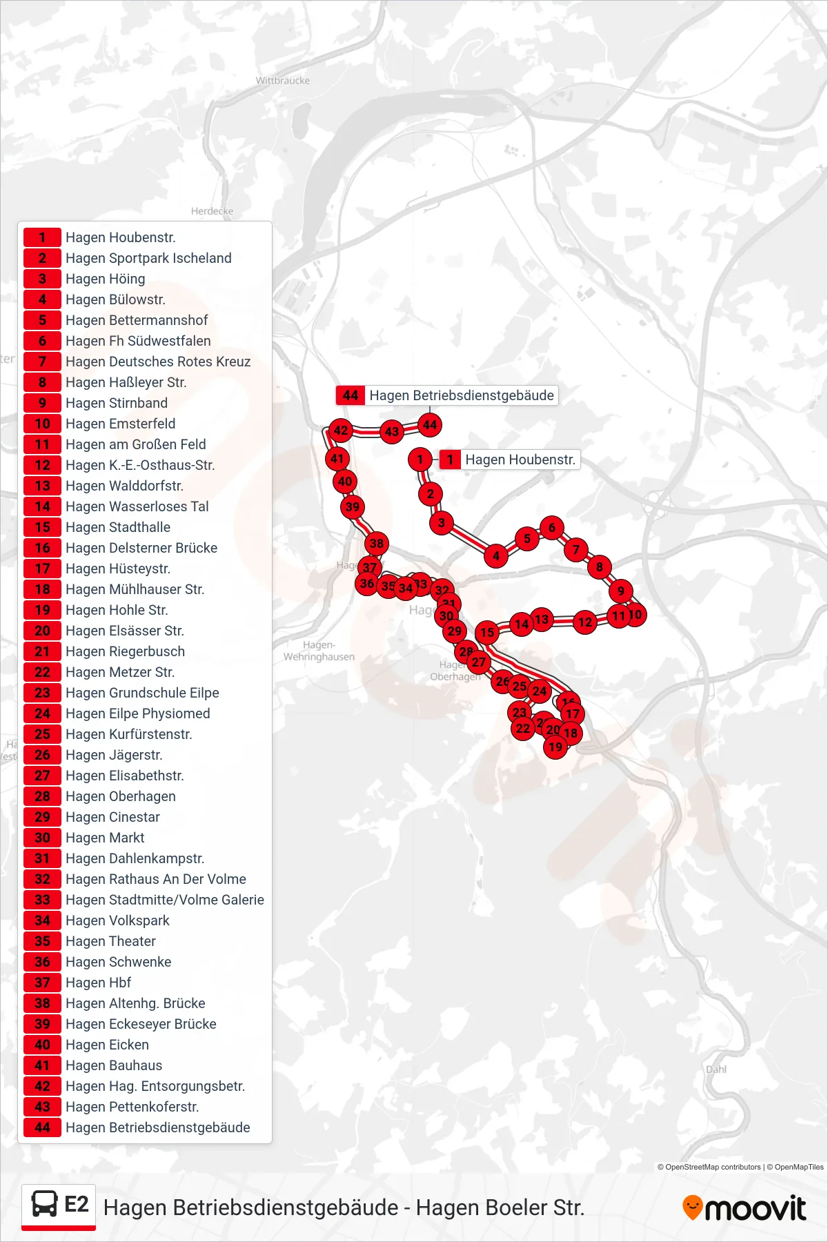Linie E2 (Bus) Richtung Hagen Betriebsdienstgebäude: Route und Haltestellen auf der Karte