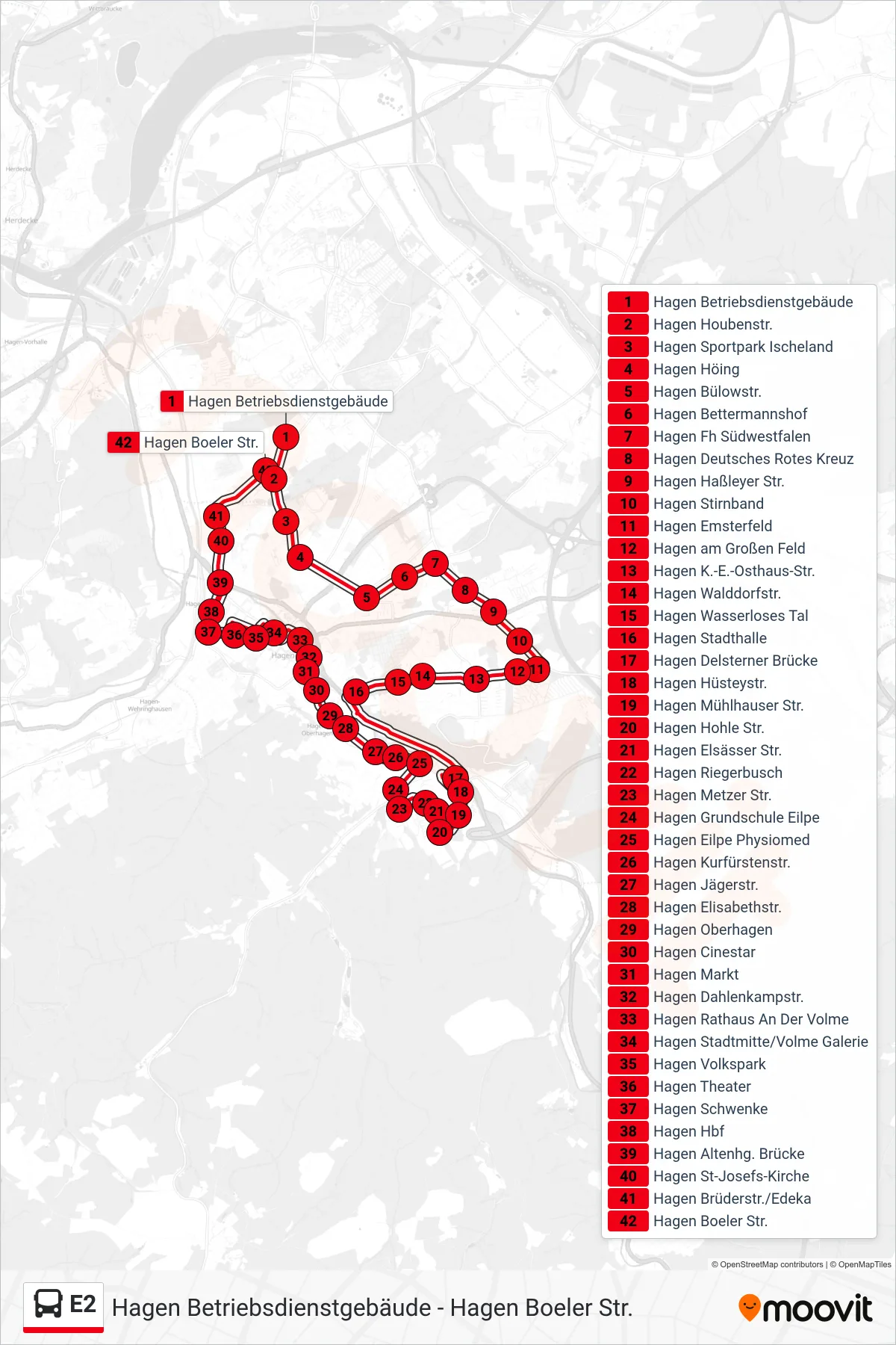 Linie E2 (Bus) Richtung Hagen Boeler Str.: Route und Haltestellen auf der Karte