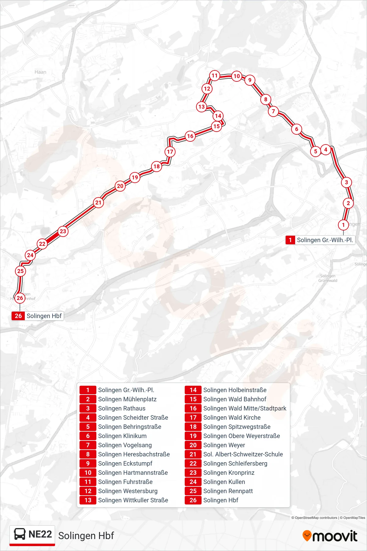 NE22 bus Line (Solingen Hbf) route and stops on a map