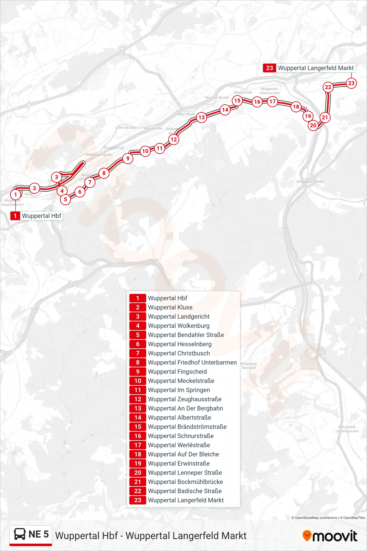 Linie NE 5 (Bus) Richtung Wuppertal Langerfeld Markt: Route und Haltestellen auf der Karte