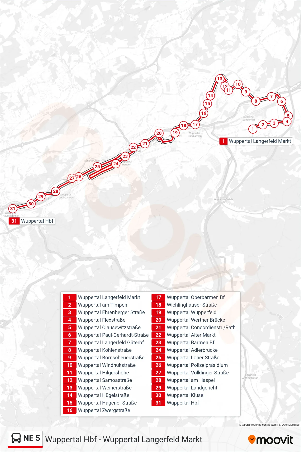 Linie NE 5 (Bus) Richtung Wuppertal Hbf: Route und Haltestellen auf der Karte