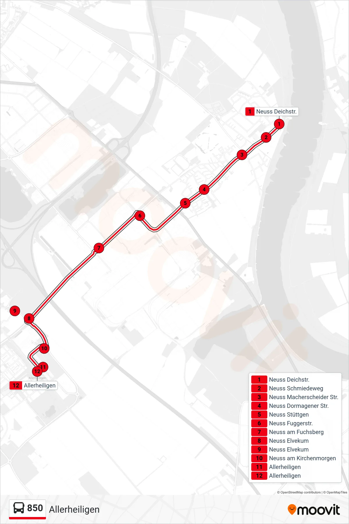 850 bus Line (Allerheiligen) route and stops on a map