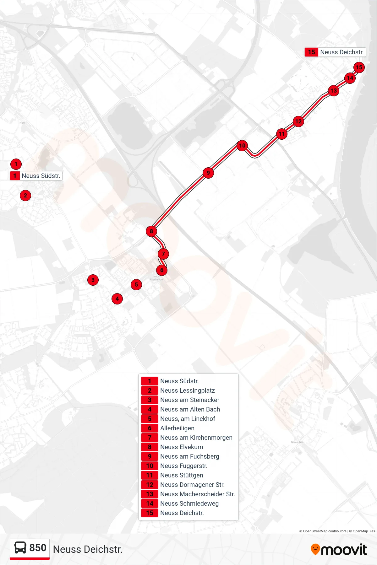 850 bus Line (Neuss Deichstr.) route and stops on a map