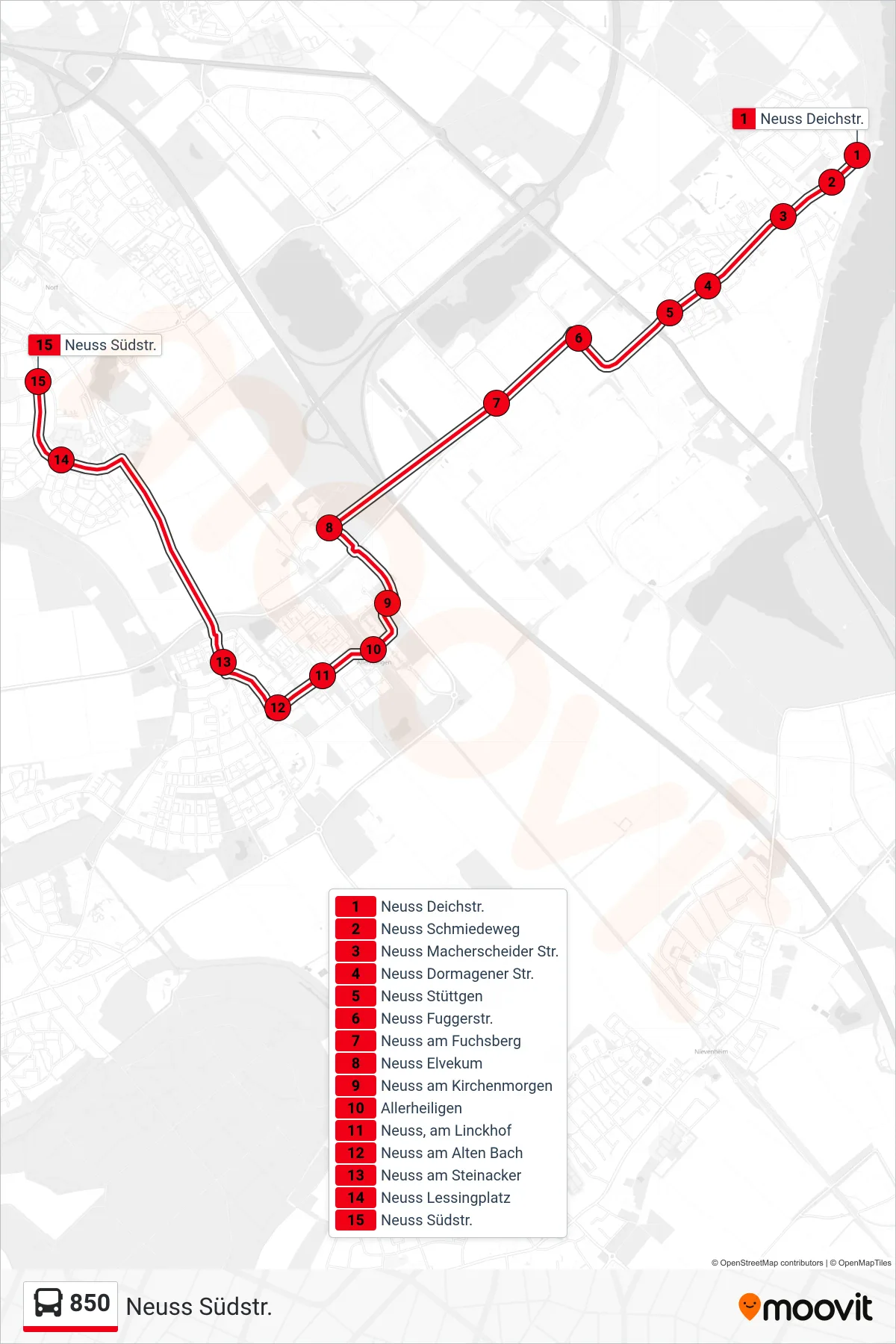 Linie 850 (Bus) Richtung Neuss Südstr.: Route und Haltestellen auf der Karte
