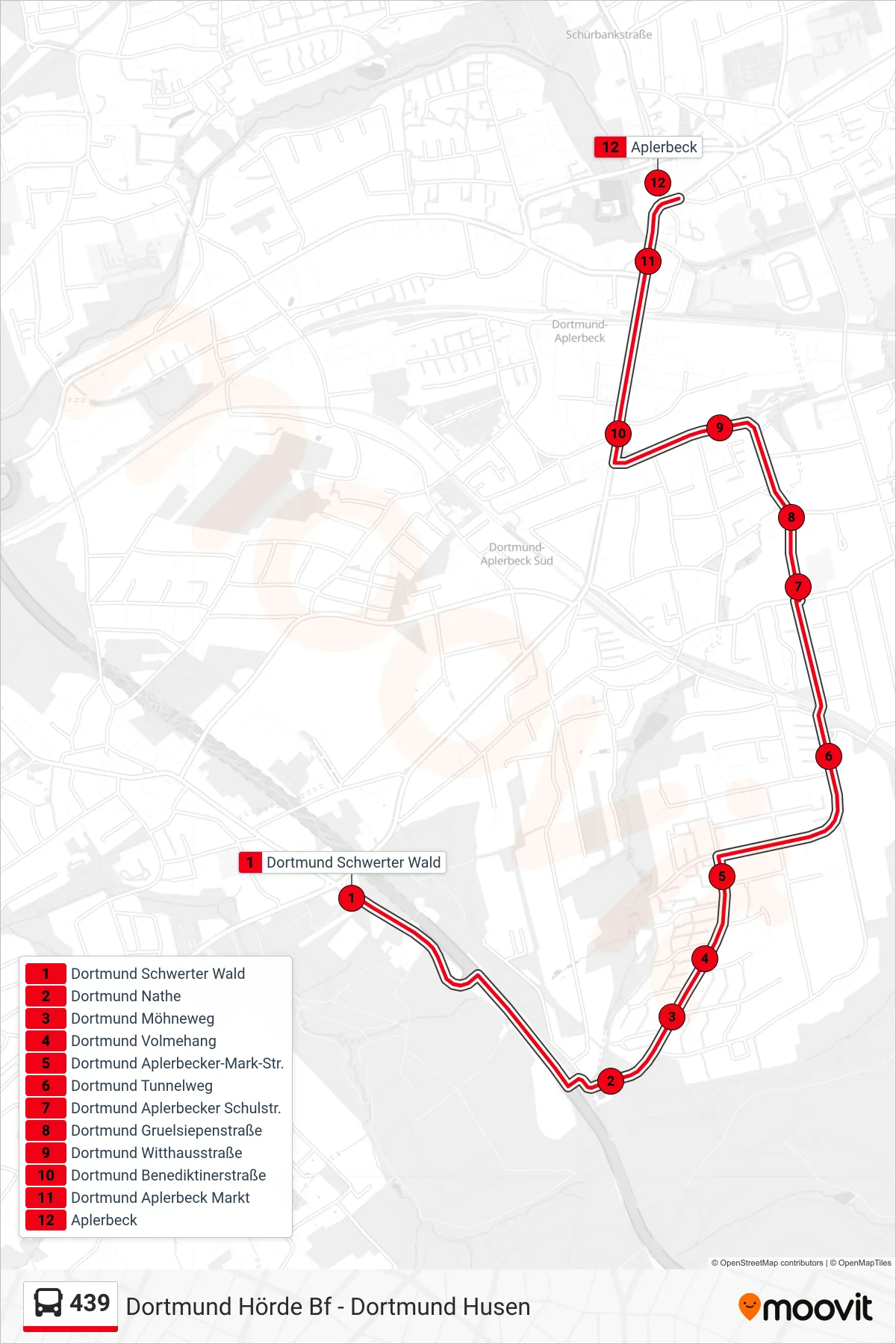 Linie 439 (Bus) Richtung Dortmund Aplerbeck: Route und Haltestellen auf der Karte