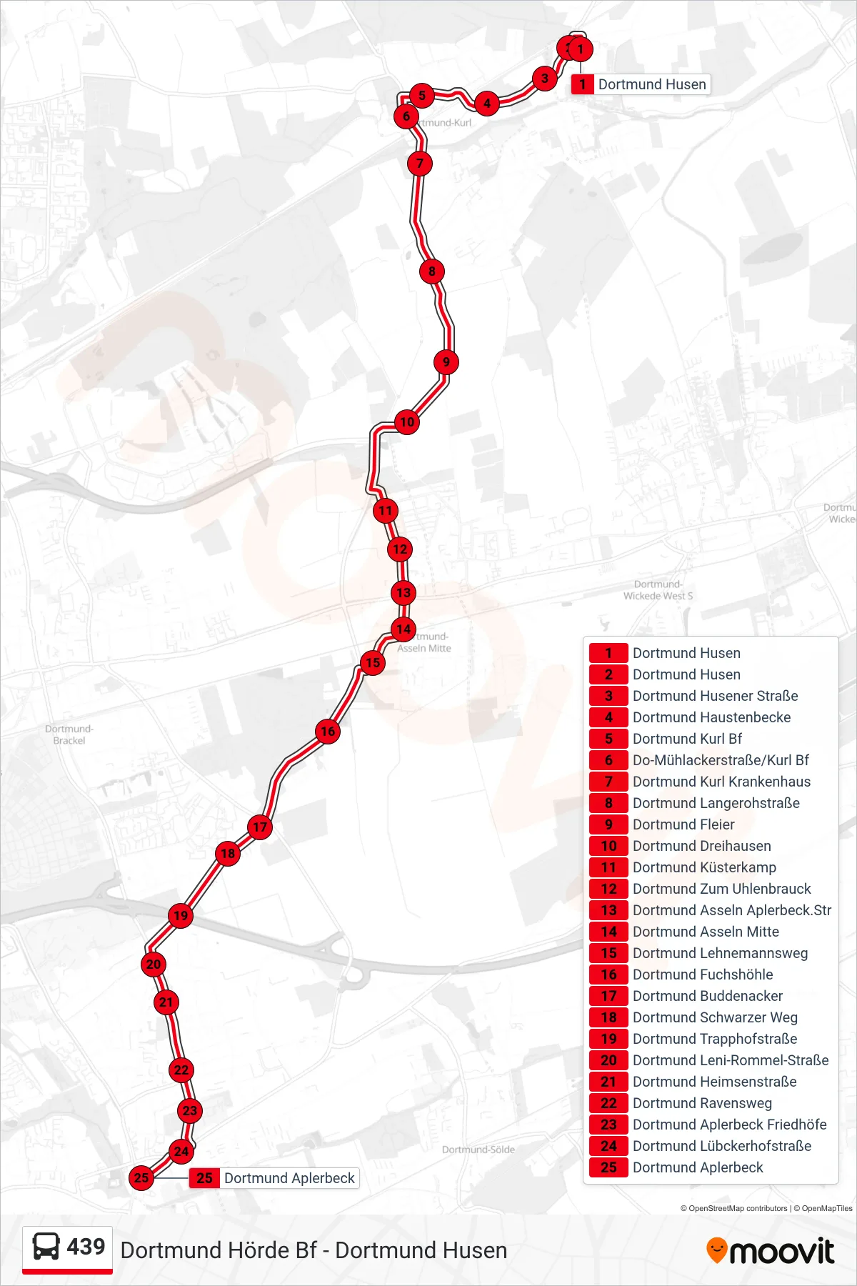439 bus Line (Dortmund Aplerbeck) route and stops on a map
