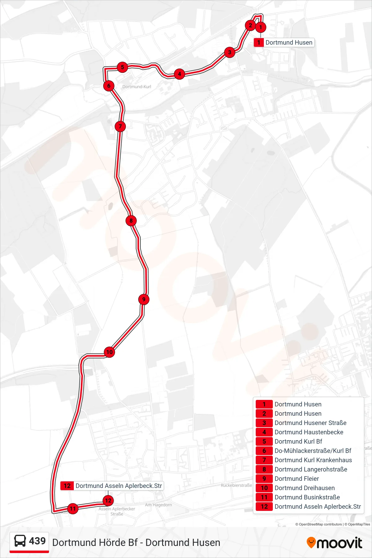 Linie 439 (Bus) Richtung Dortmund Asseln Aplerbeck.Str: Route und Haltestellen auf der Karte