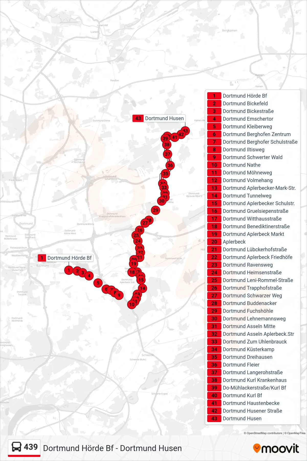 439 bus Line (Dortmund Husen) route and stops on a map