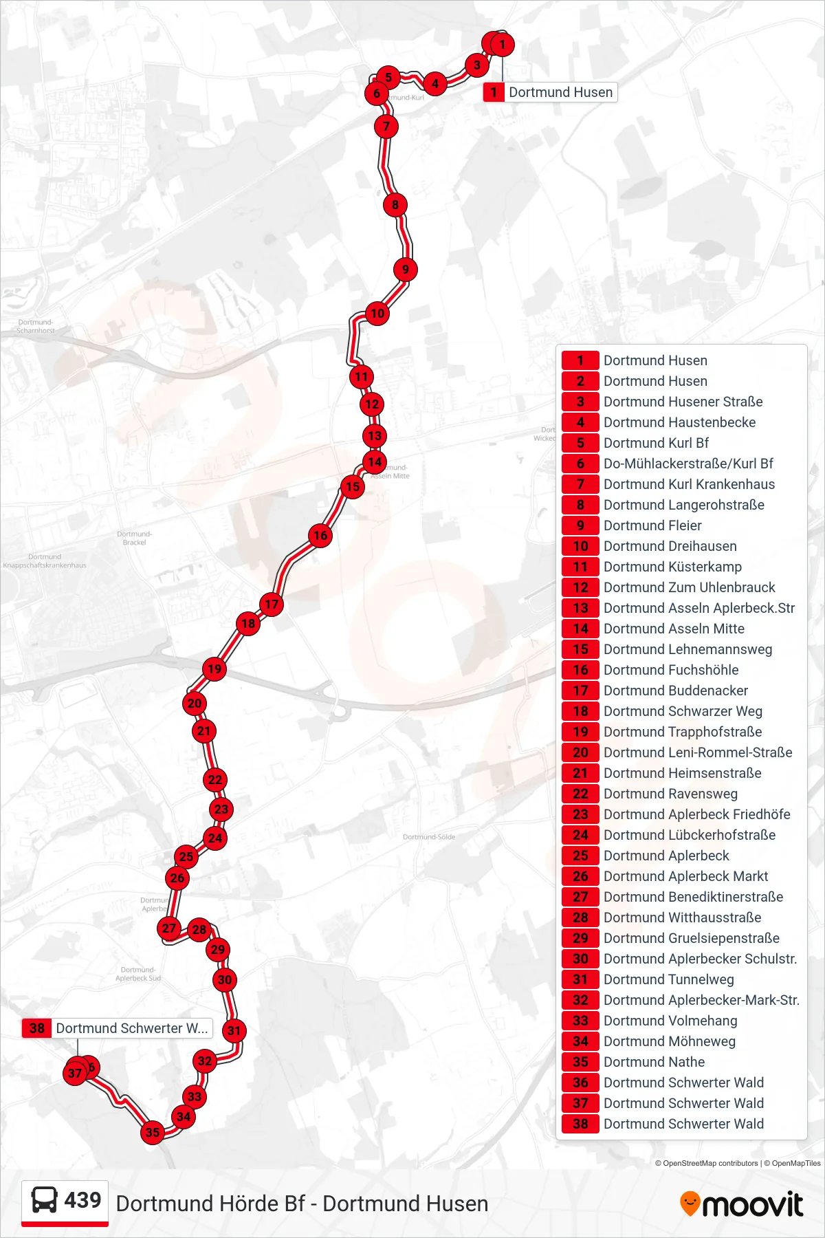 439 bus Line (Dortmund Schwerter Wald) route and stops on a map