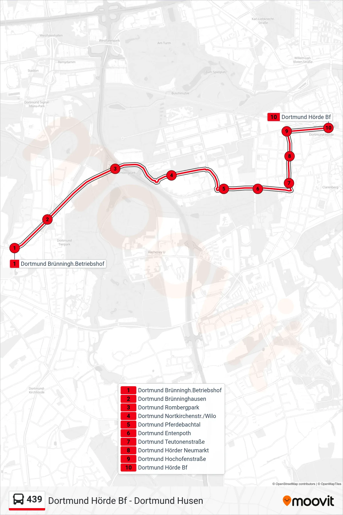 439 bus Line (Dortmund Hörde Bf) route and stops on a map