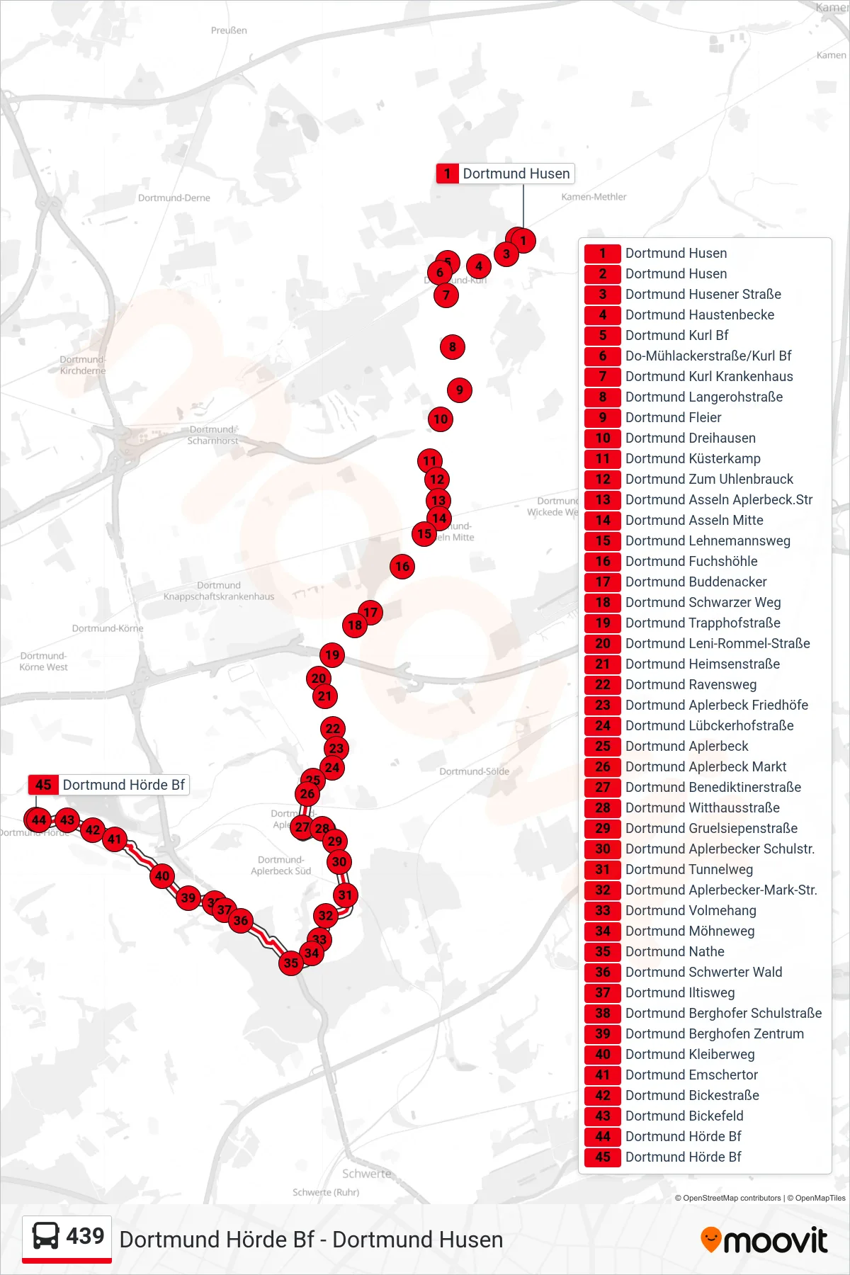Linie 439 (Bus) Richtung Dortmund Hörde Bf: Route und Haltestellen auf der Karte