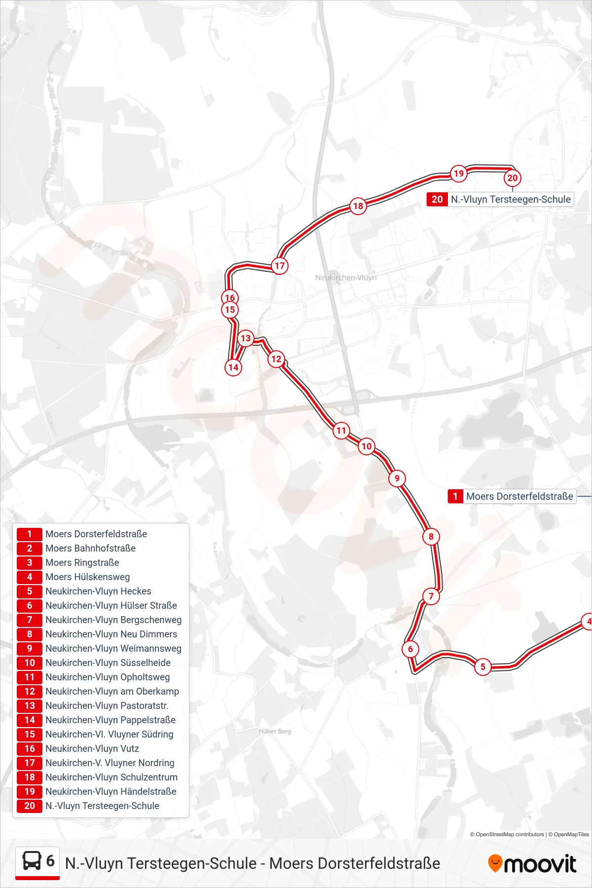 6 bus Line (N.-Vluyn Tersteegen-Schule) route and stops on a map