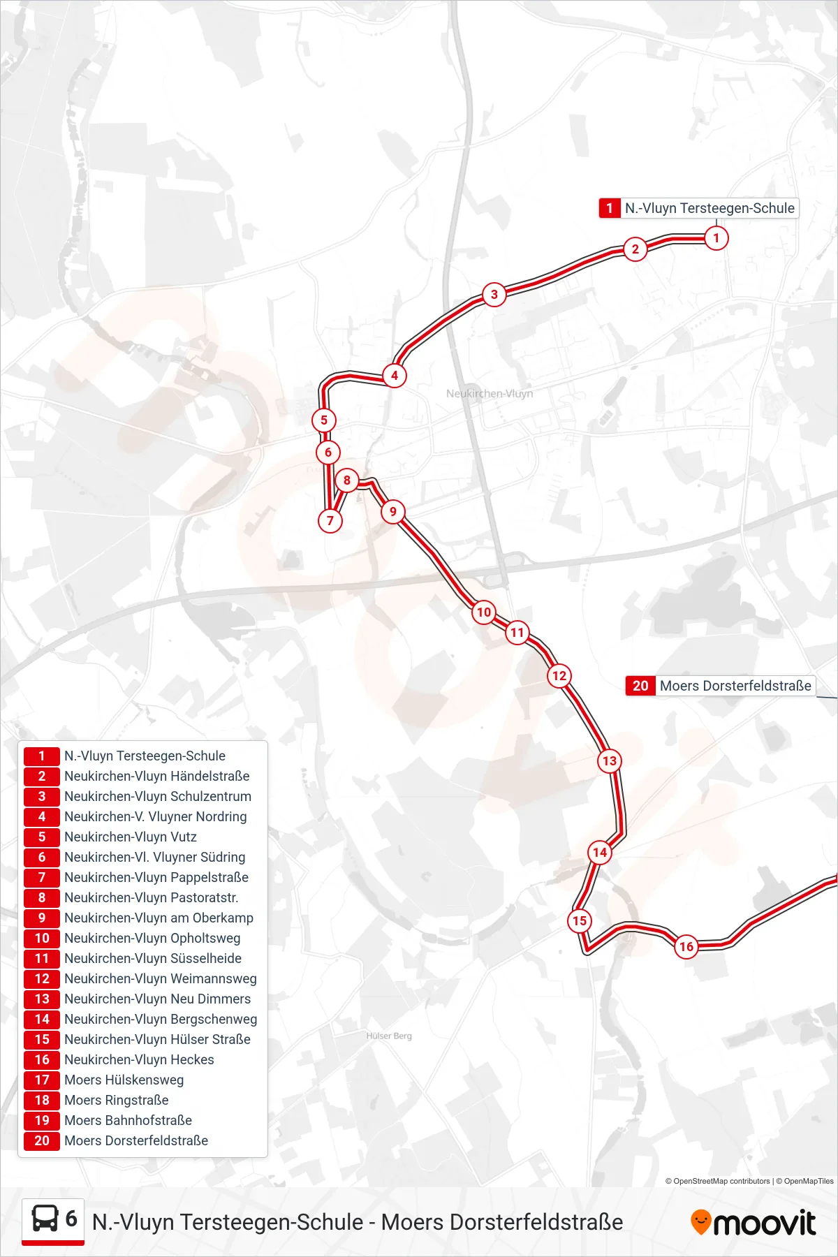 Linie 6 (Bus) Richtung Moers Dorsterfeldstraße: Route und Haltestellen auf der Karte