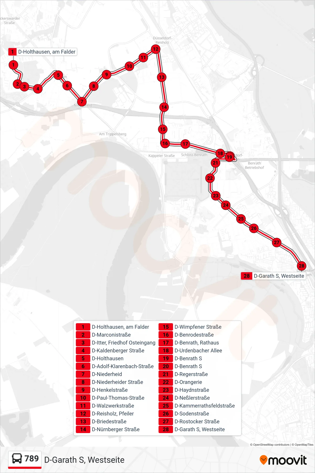 Linie 789 (Bus) Richtung D-Garath S, Westseite: Route und Haltestellen auf der Karte