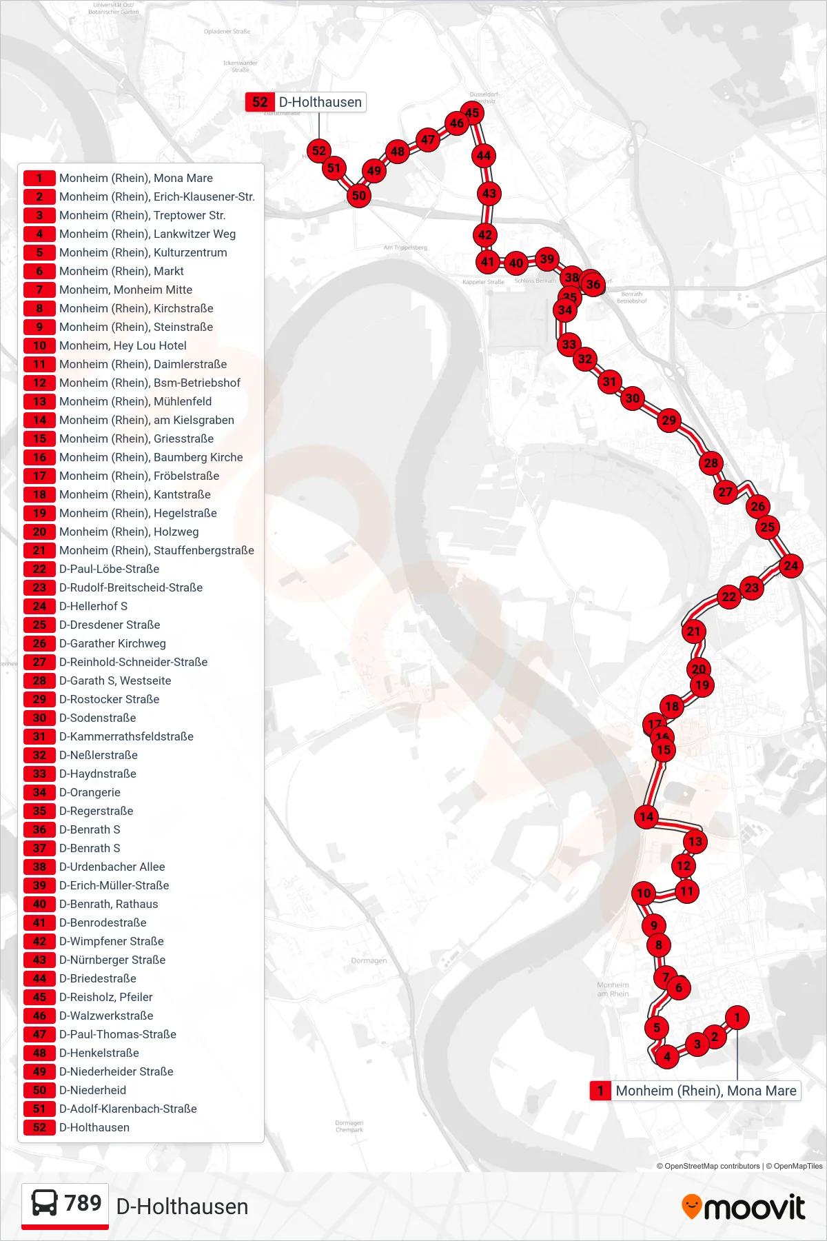 789 bus Line (D-Holthausen) route and stops on a map