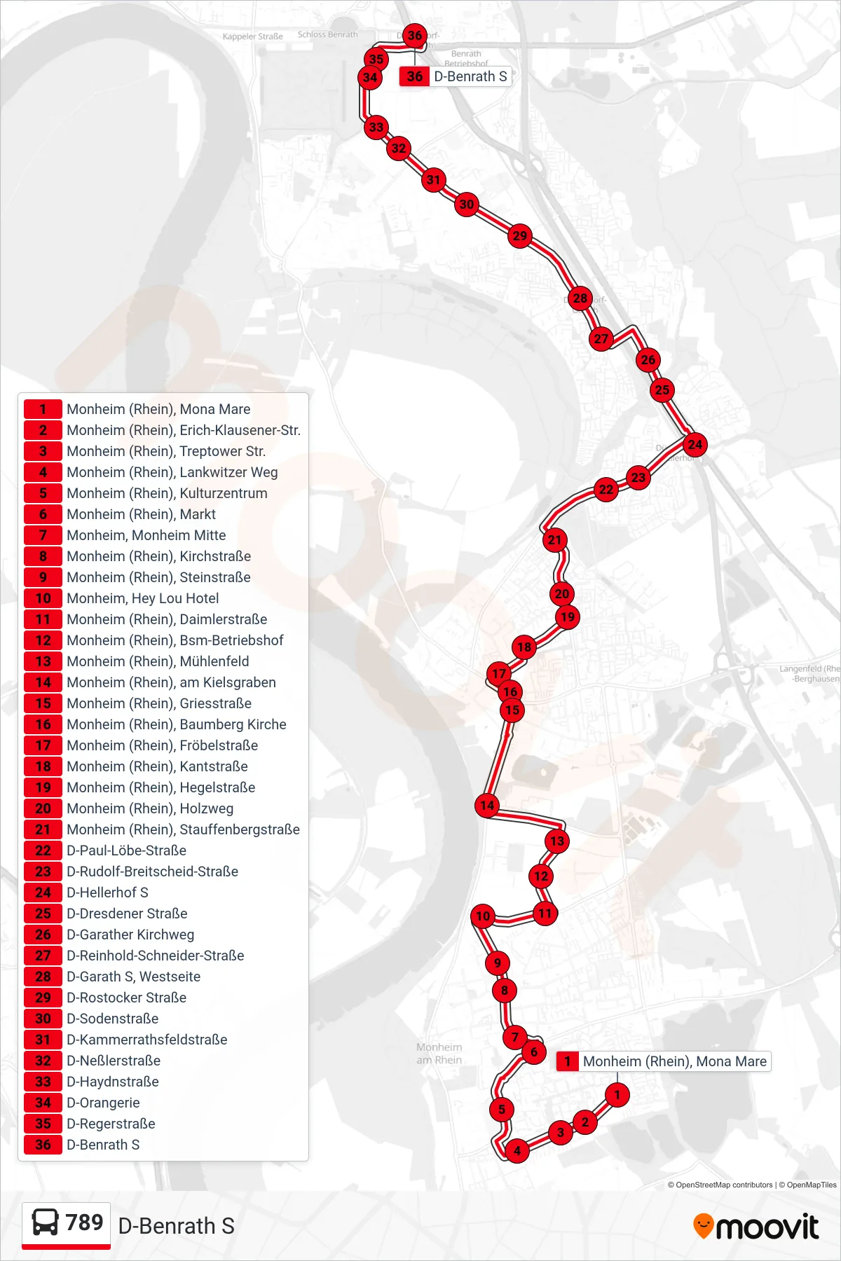 789 bus Line (D-Benrath S) route and stops on a map