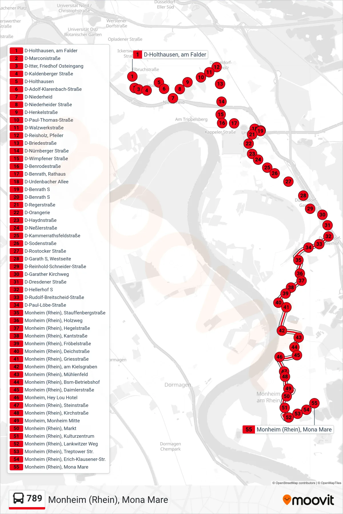 789 bus Line (Monheim (Rhein), Mona Mare) route and stops on a map
