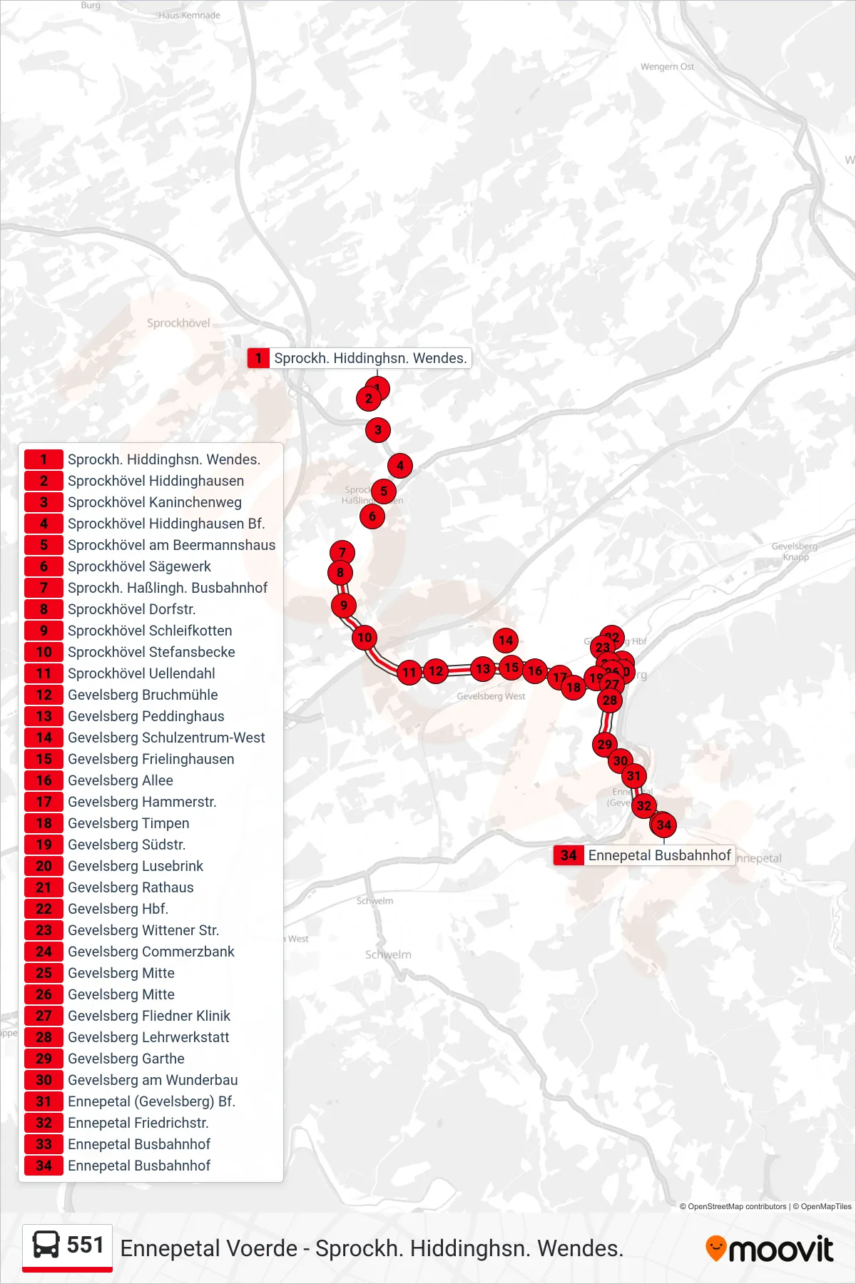 551 bus Line (Ennepetal Busbahnhof) route and stops on a map