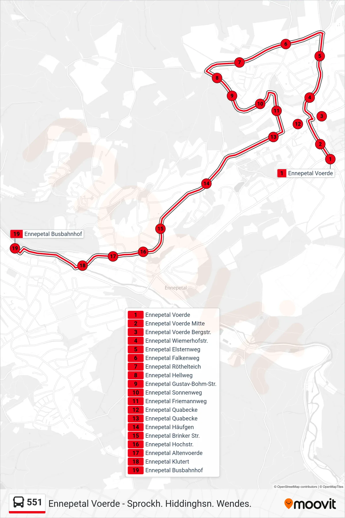 551 bus Line (Ennepetal Busbahnhof) route and stops on a map